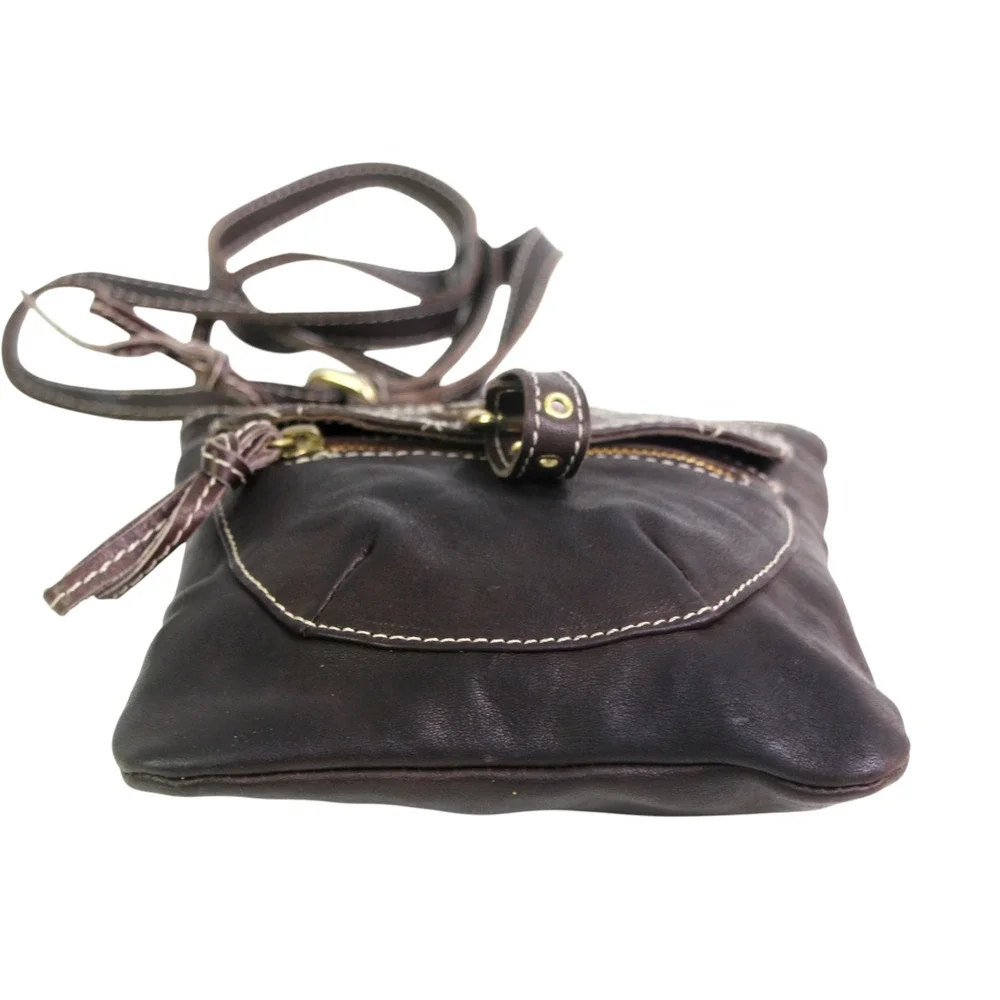 Marco Buggiani BROWN GENUINE LEATHER X-BODY ZIP TOP PURSE SHOULDER BAG HANDBAG